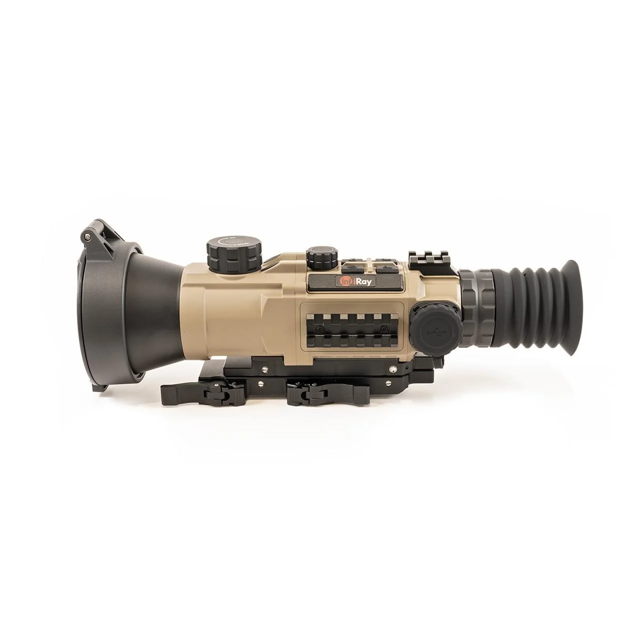 primary-44821 InfiRay RICO HYBRID 640, tan and black right-side view with eyecup, controls and mount