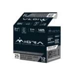 Migra Steel Waterfowl Stacked Shotshells, black and white ammunition box in front angled view