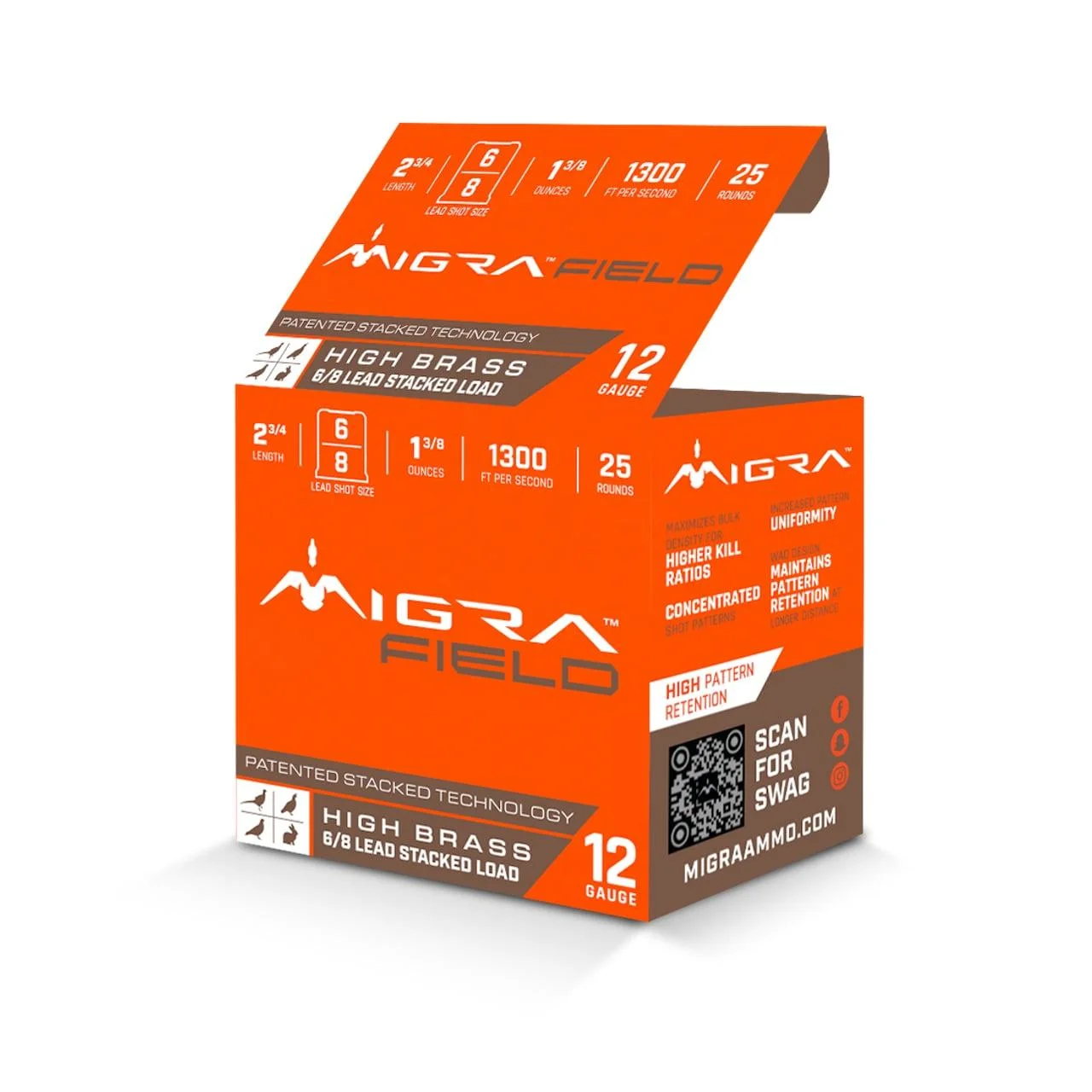 primary-44857 Migra Ultimate Field Hi-Brass Lead Stacked Shotshells, orange open-top box, front view