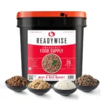 Readywise Meat and Rice Bucket, black bucket with orange lid and four bowls of food