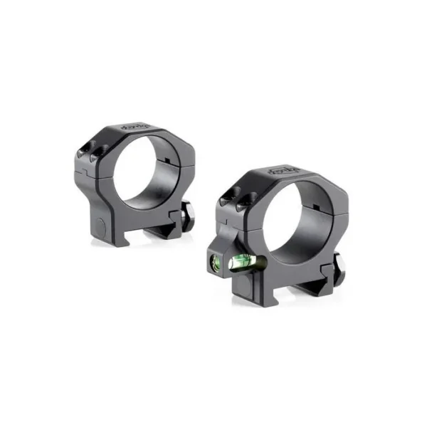 RPM Precision 34mm Low Scope Rings, black angled view, pair with co-linear bubble level