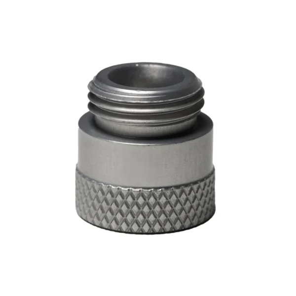 RCBS Matchmaster Funnel Adapter Pistol in gray, angled view with threaded top and knurled base