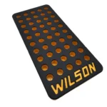 L.E. Wilson Reloading Tray, angled top view in black with yellow-lined holes