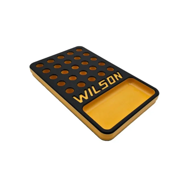 L.E. Wilson Reloading Tray, angled top view in black and yellow with holes and recessed cup