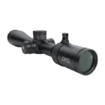 German Precision Optics GPO CENTURI, black three-quarter view with capped turrets and green lens