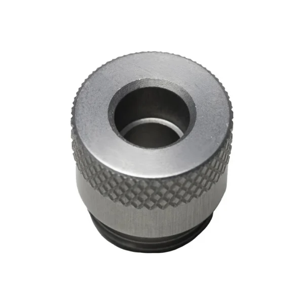 RCBS Matchmaster Powder Funnel Adapter, silver angled top view with knurled sides and center opening