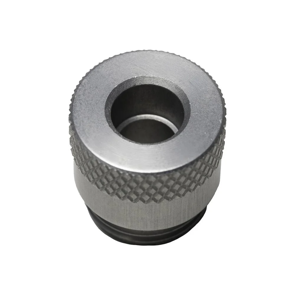 primary-44992 RCBS Matchmaster Powder Funnel Adapter, silver angled top view with knurled sides and center opening