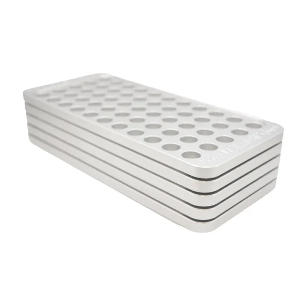 L.E. Wilson Billet Aluminum Reloading Tray, silver tray with rows of holes, angled top view