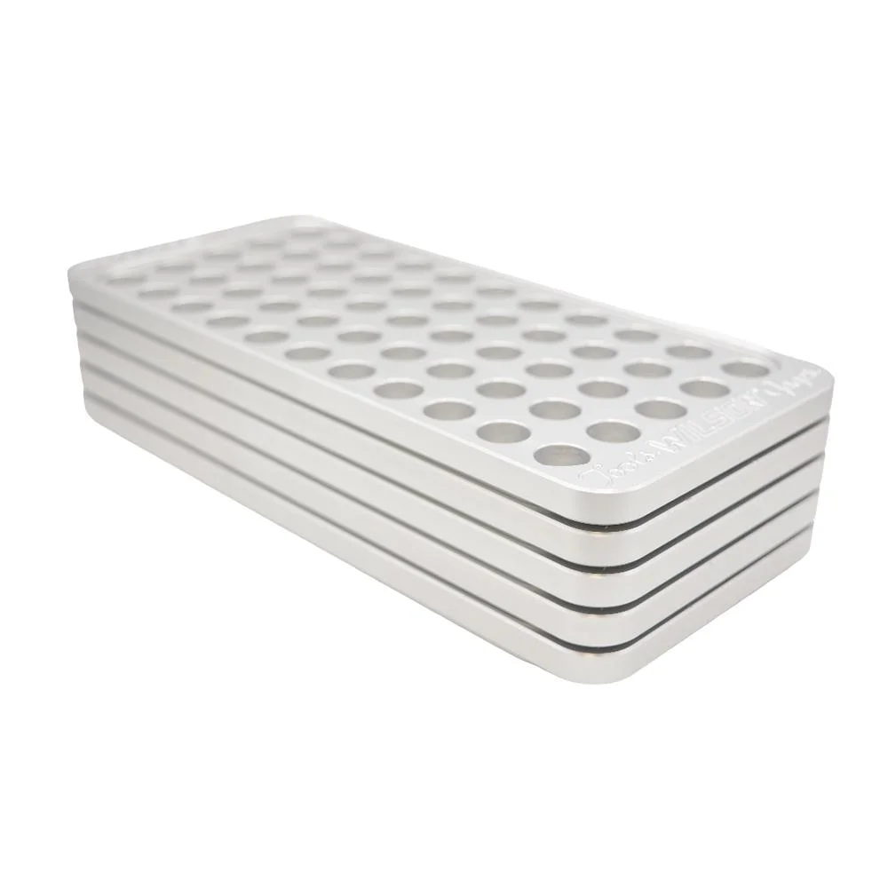 primary-44998 L.E. Wilson Billet Aluminum Reloading Tray, silver tray with rows of holes, angled top view