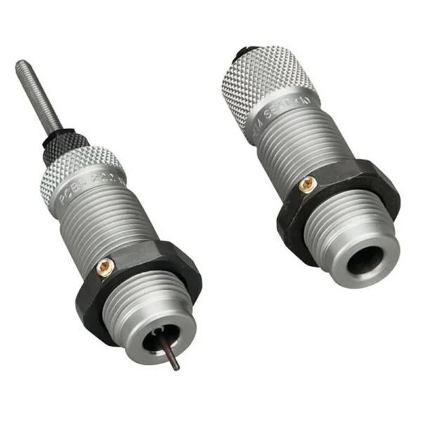 RCBS Full Length Rifle Die Set .22 GT, two silver threaded dies with black locking rings