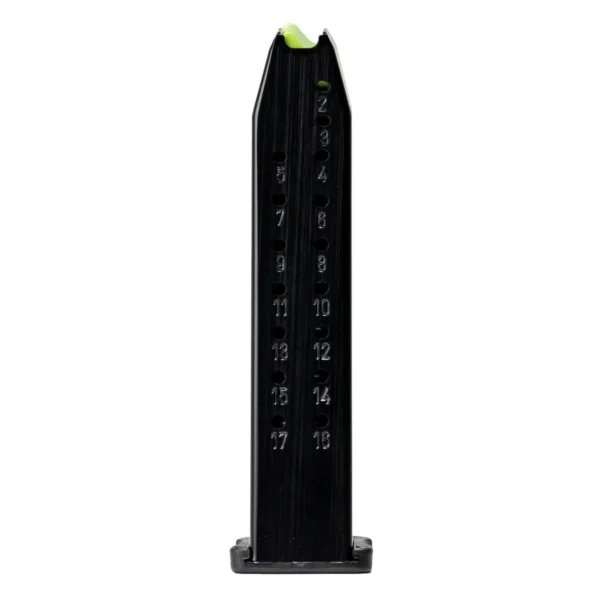 Rost Martin Magazine for RM1F, black side view with witness holes and green follower