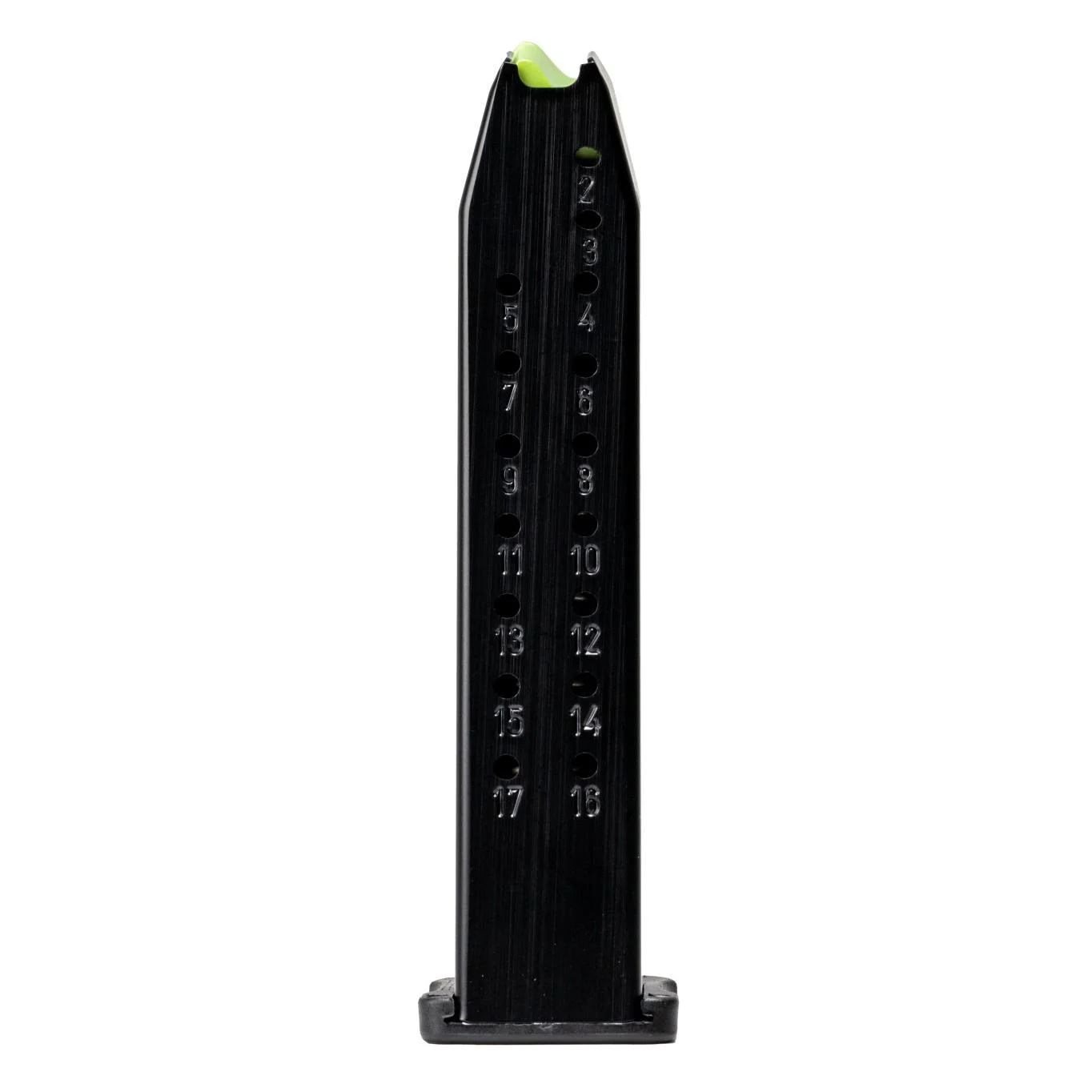 primary-45059 Rost Martin Magazine for RM1F, black side view with witness holes and green follower
