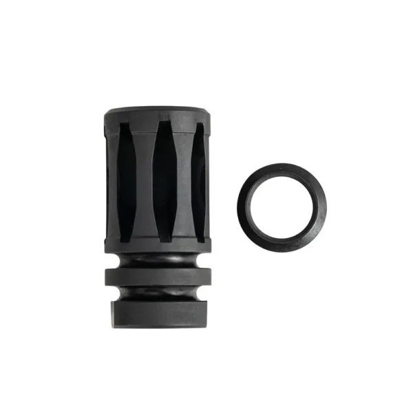 One Horse A2 Bird Cage Flash Hider, black slotted device with separate crush washer