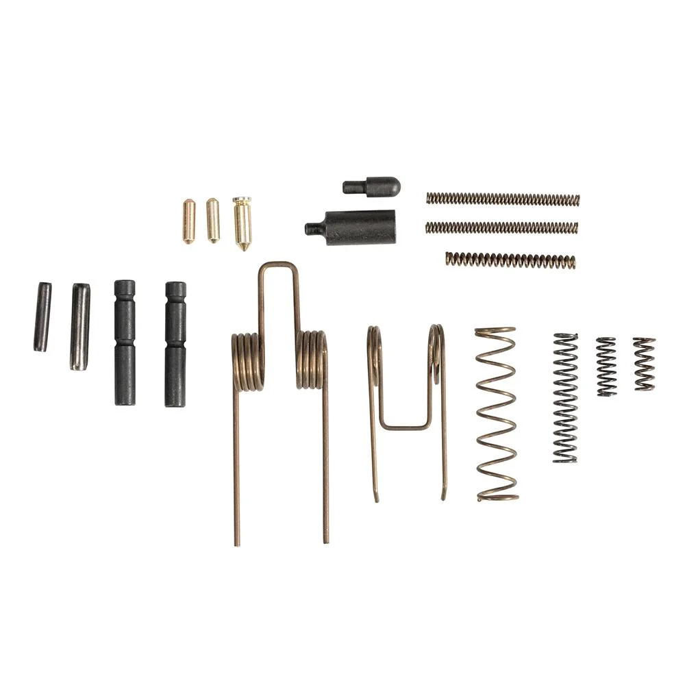 primary-45079 One Horse AR-15 Oh-Shyt Kit, assorted black and brass springs, detents and pins laid out