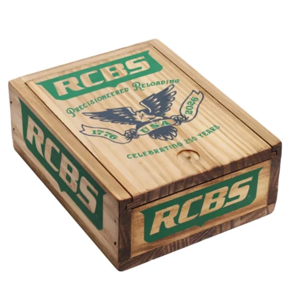 RCBS 1776 Commemorative Die Set 223 Remington wood-look presentation box in angled front view