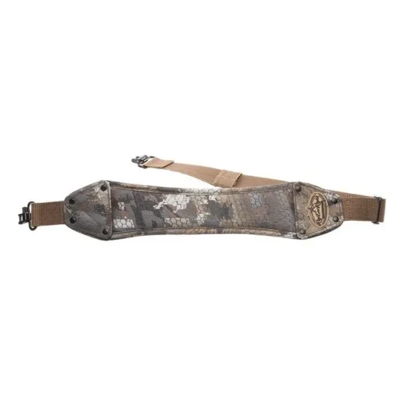 Rig'Em Right High Brass Gun Sling, top view with Optifade Timber padded section and brown straps