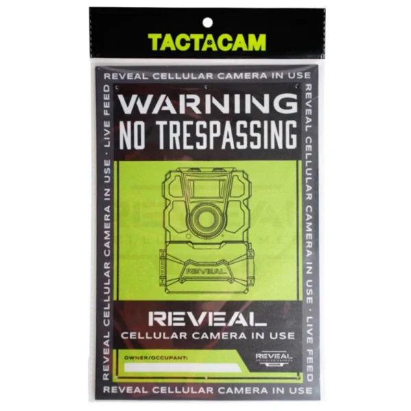 Tactacam No Trespassing Sign, front view with black warning panel and bright green camera graphic