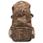 Rig'Em Right Stump Jumper Backpack, front view in Mossy Oak Bottomland camouflage with pockets