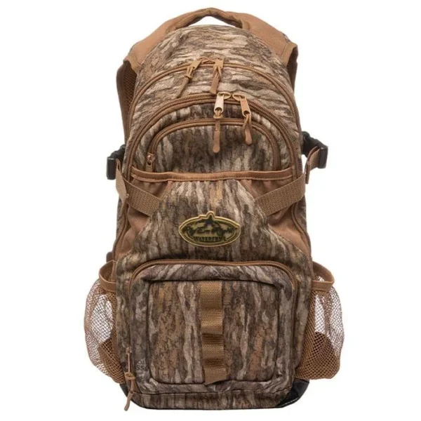 Rig'Em Right Stump Jumper Backpack, front view in Mossy Oak Bottomland camouflage with pockets