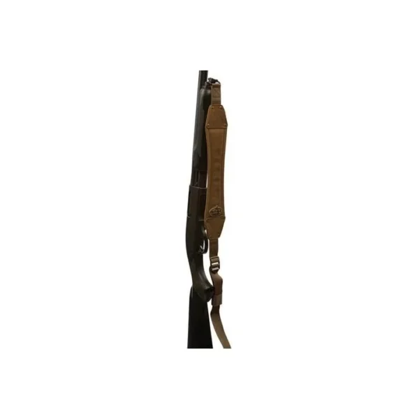 Rig'Em Right High Brass Gun Sling Canvas, brown padded sling attached to a firearm, front view