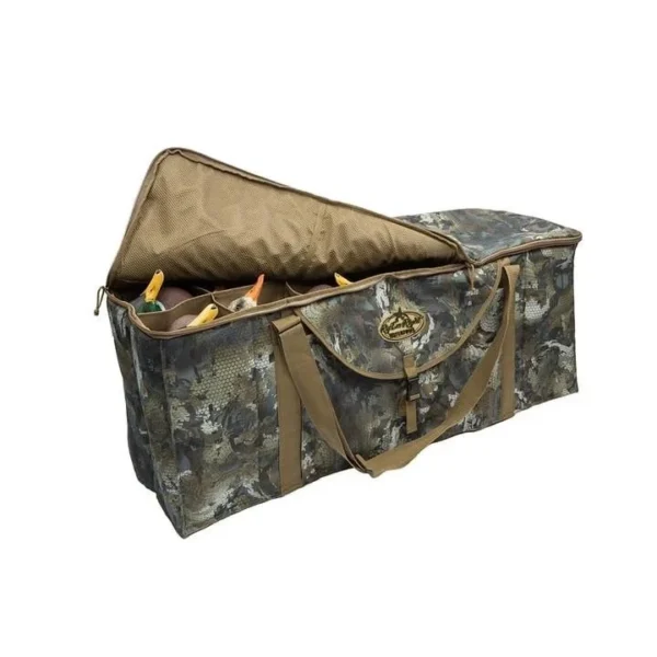Rig'Em Right 12-Slot Deluxe Duck Decoy Bag, open camouflage bag with handles and divided slots