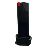 FMK Firearms 9C1 G2/G3 handgun magazine, upright black side view with red follower and base plate