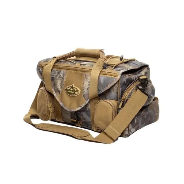 Rig'Em Right Shell Shocker XLT Blind Bag, camouflage and tan angled view with shoulder strap