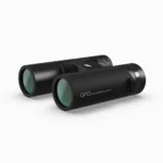 German Precision Optics GPO Passion ED Binoculars, charcoal black angled front view with green lenses