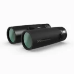 German Precision Optics GPO Passion ED Binoculars, charcoal black angled front view with green lenses