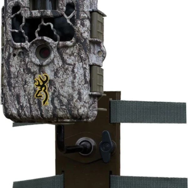 Browning Trail Camera Tree Mount front view with camouflage camera, metal bracket and green straps