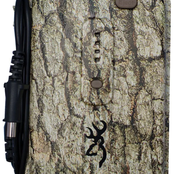 Browning Camera Battery Pack, bark camouflage rectangular pack with buck logo and side cable
