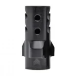Angstadt Arms 3-Lug muzzle brake, black front view with round side ports