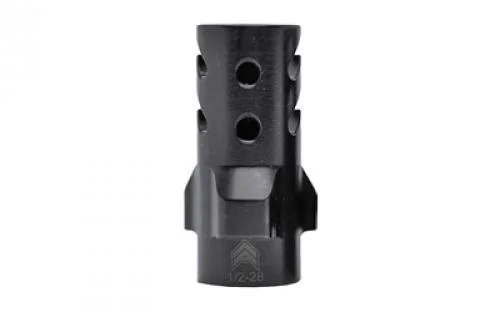 primary-45244 Angstadt Arms 3-Lug muzzle brake, black front view with round side ports