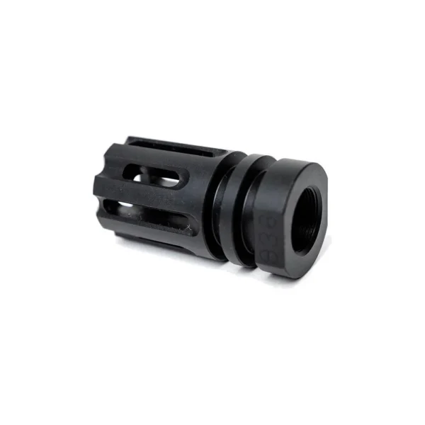 Angstadt Arms Flash Hider, black front three-quarter view with side ports and threaded base