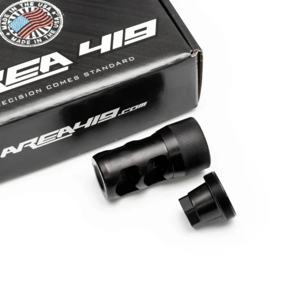 Area419 Hellfire 2P-Self Timing Muzzle Brake black brake and adapter beside branded box