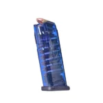 Elite Tactical Systems ETS Magazine, angled view of translucent blue body and black baseplate