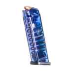 Elite Tactical Systems ETS Handgun Magazine Blue, angled view of translucent blue magazine