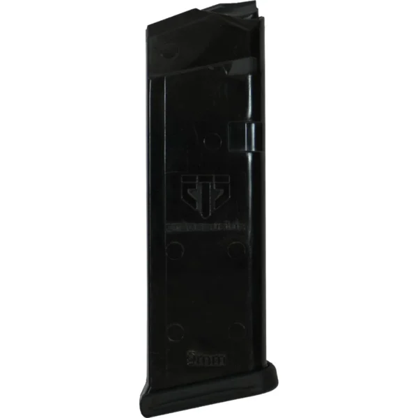 Elite Tactical Systems Glock Handgun Magazine, black, upright front view with extended baseplate