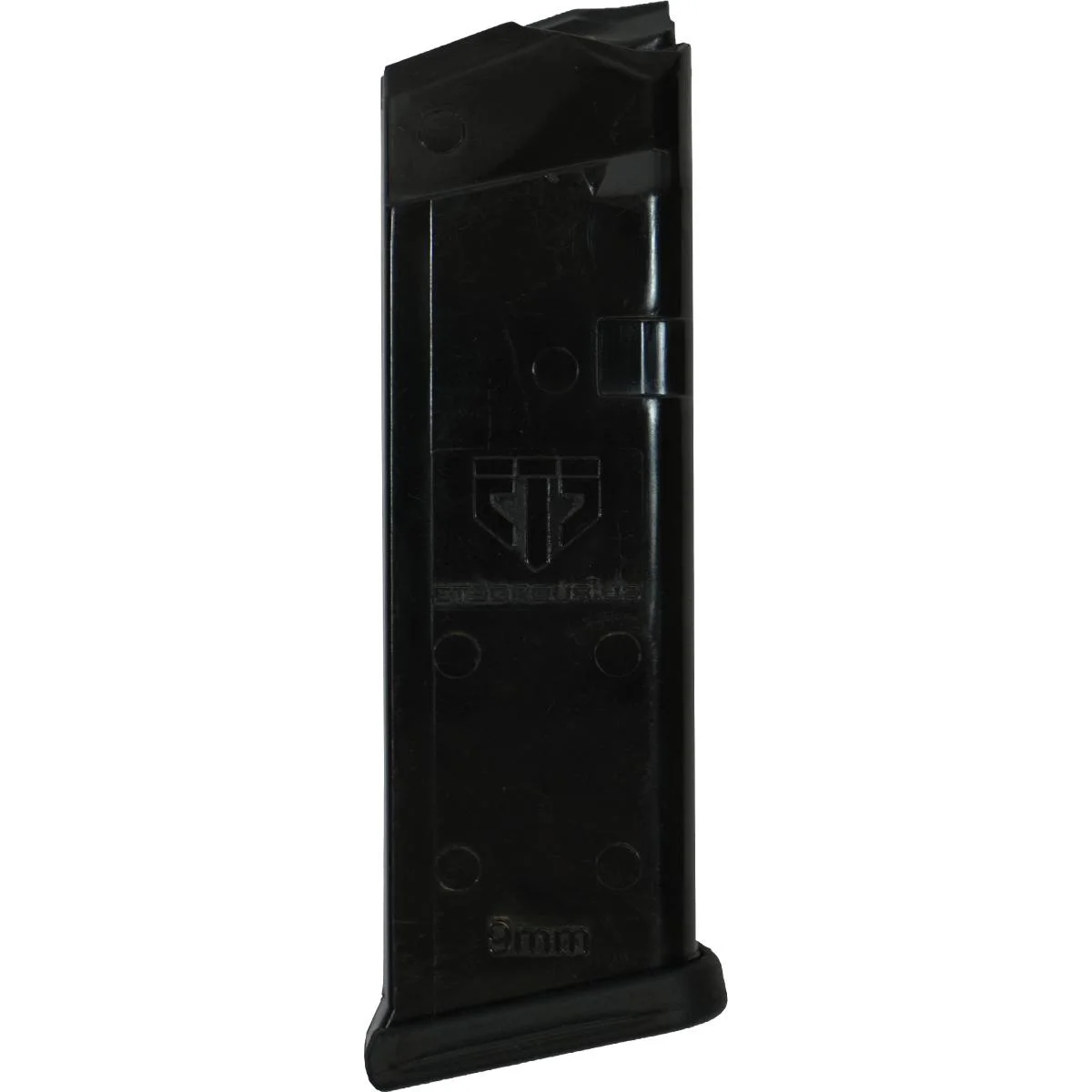primary-45297 Elite Tactical Systems Glock Handgun Magazine, black, upright front view with extended baseplate
