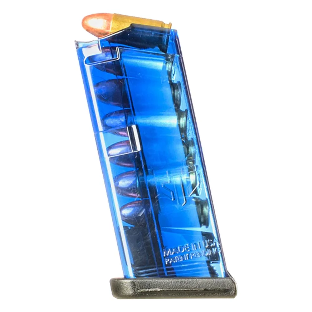 primary-45298 Elite Tactical Systems Glock 43 Magazine, translucent blue side view with cartridge and base pad