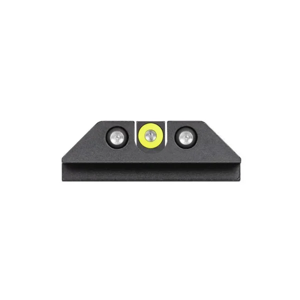 Night Fision Tritium Night Sight Set, front view with yellow center dot and two white rear dots