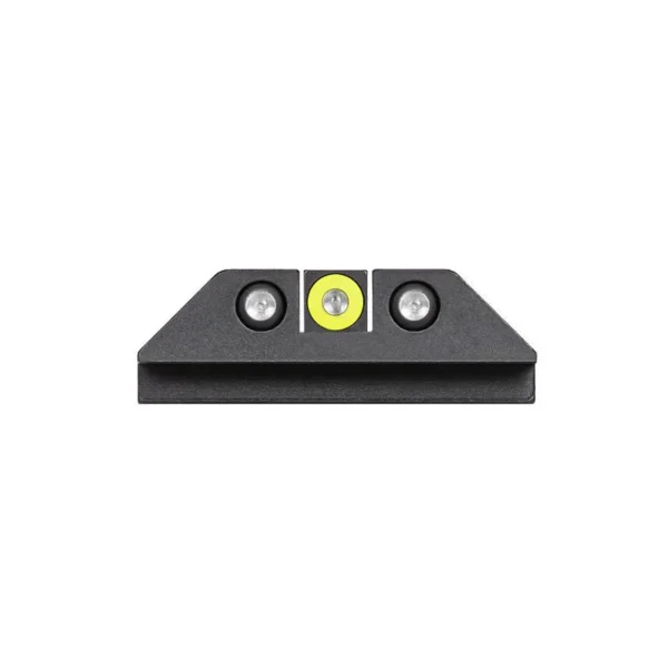 Night Fision Tritium Night Sight Set, black rear sight with yellow-ringed center dot, front view
