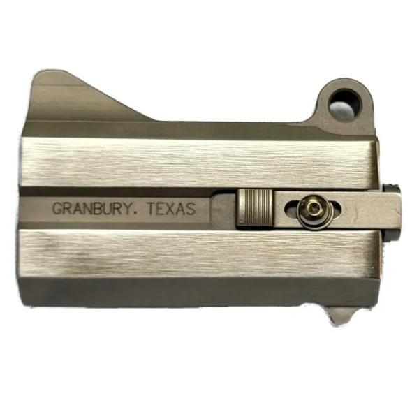 Bond Arms Rough Nation handgun barrel, silver side view with latch, pivot hole and brushed finish