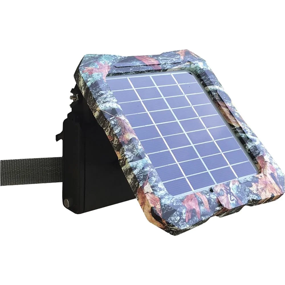 primary-45324 Browning Trail Camera Solar Battery Pack, camo angled view with solar panel and mounting strap
