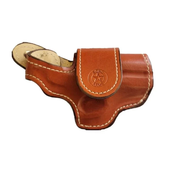 Bond Arms Leather Driving Holster RH, tan leather with white stitching and snap flap