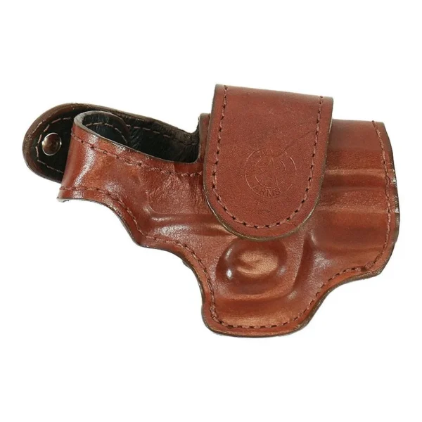 Bond Arms Leather Driving Holster, brown right-hand holster with henna stitching, side view