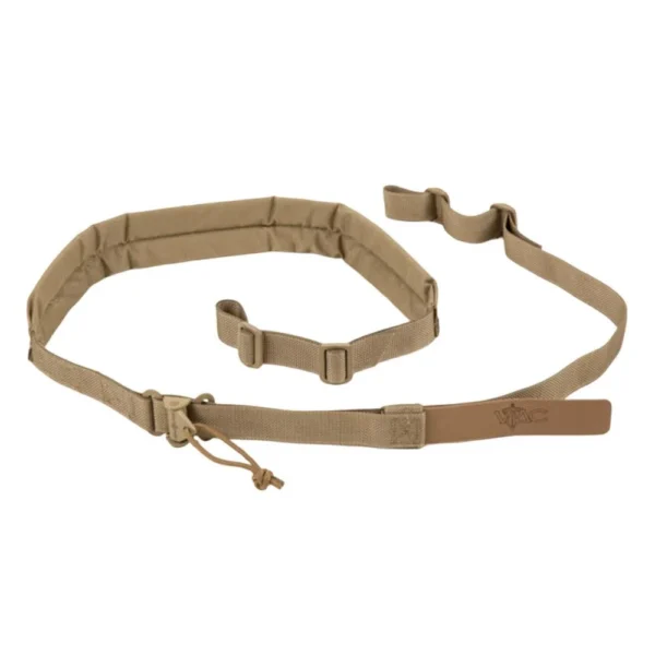 Viking Tactics Hydura Rifle Sling Wide Padded Coyote laid out with shoulder pad and adjustment tabs
