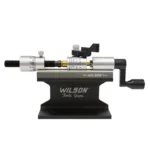 L.E. Wilson Case Trimmer Kit, side view with silver trimmer, black stand, clamp and crank