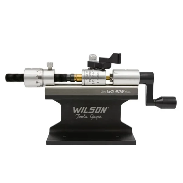 L.E. Wilson Case Trimmer Kit, side view with silver trimmer, black stand, clamp and crank