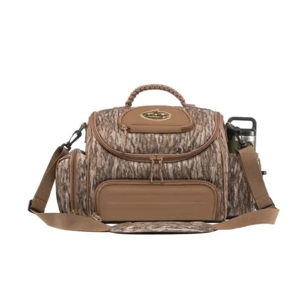 Rig'Em Right Lock & Load Blind Bag, front view in brown camouflage with pockets and shoulder strap